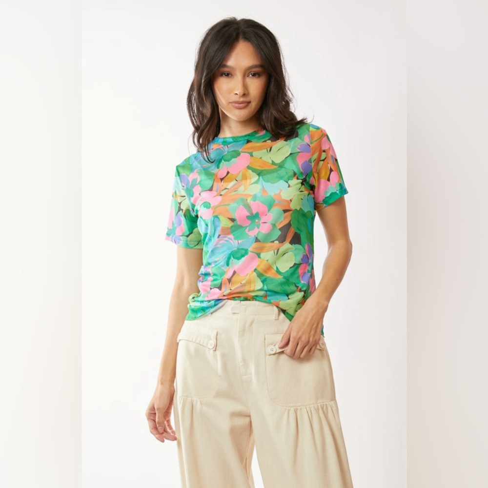 🟠 362B-GREEN. Floral Sheer Mesh Short Sleeve Top